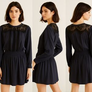 Sea New York Silk Crepe Lace Trim Mini Dress Navy Blue Black Dark Academia 0